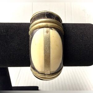 Vintage Bone Brass Wood Bangle Hinged Bracelet Bohemian Chinky Wide Hippie 80s